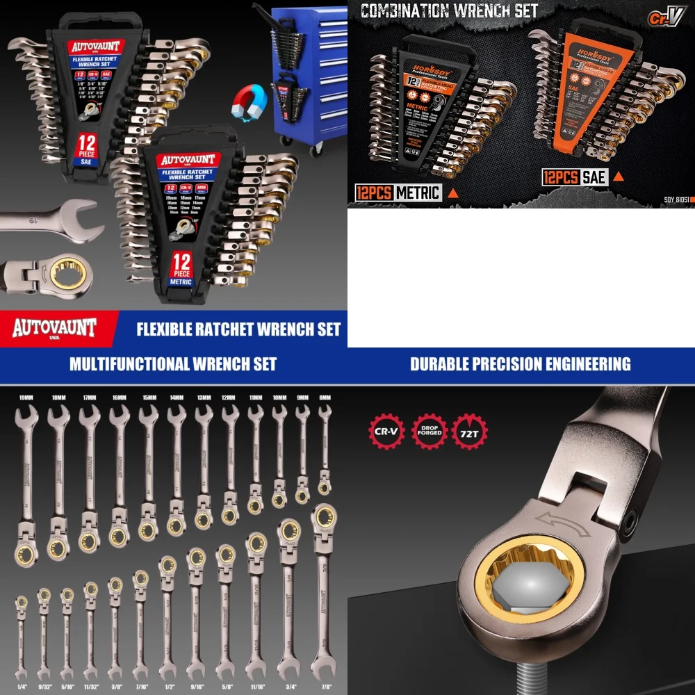 

Hand Tool Sets24 Piece Flex Head Ratchet Wrench Set Metric and SAE 8 mm to 19 mm 1 4 Inch to 7 8 Inch with Organizer