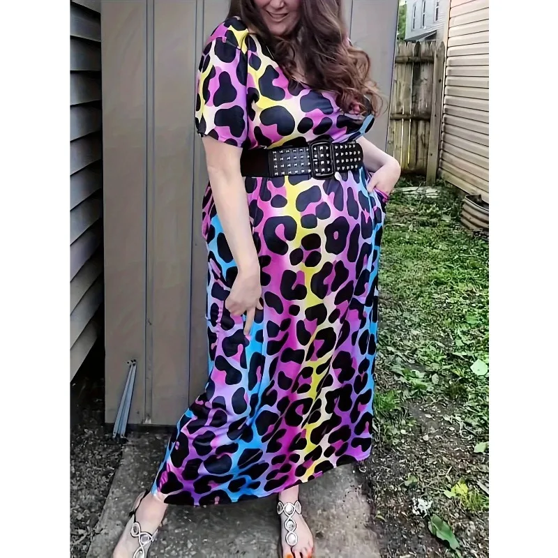 

Plus Size New Women Popular Printed Dress with Belt Long Sleeve Women's Clothing Fashionable Long Dres