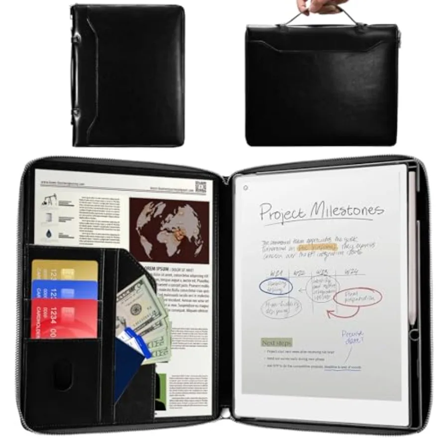 

Чехол для планшета Remarkable Paper Pro 11,8 дюйма, выпуск 2024 года - черный кожаный чехол из PU с застежкой-молнией и держателем для ручки для делового использования.