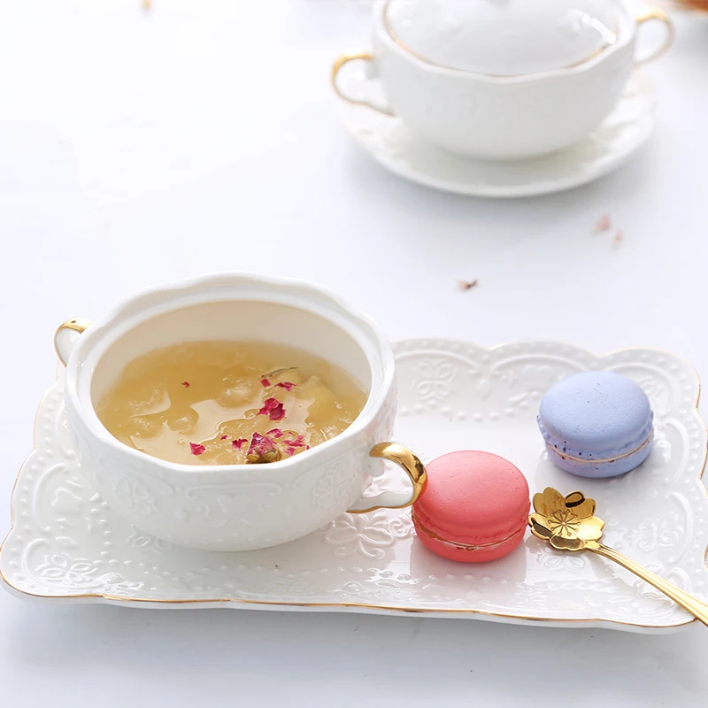 Embossed Ceramic Dessert Soup Bowl White Stew Cup Luxury Gold-plated Exquisite Soup Cup Porridge Bowl Tableware Kitchen Utensils