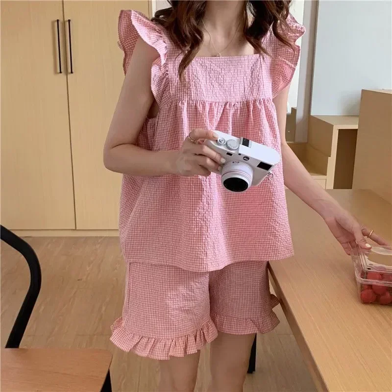 Geruite Dames Pyjama Shorts Set Nachtkleding Koreaanse Kawaii Vlieg Mouw Pijama Ruches Zomer Huiskleding Pak Loungewear Nachtkleding