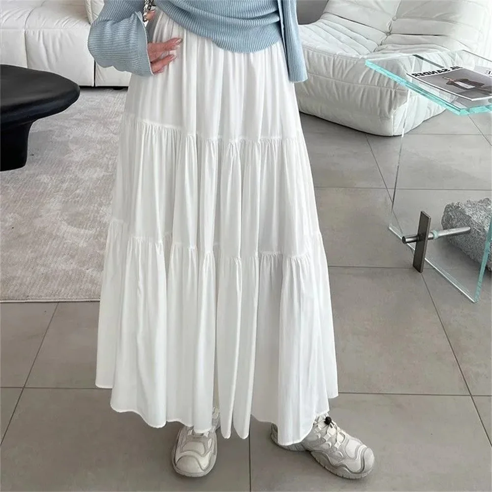 Simple White Cake Pleated Skirt Women Elastic High Waist  Long Skirt Students Sweet Pink Korean Casual Loose A-Line Skirt