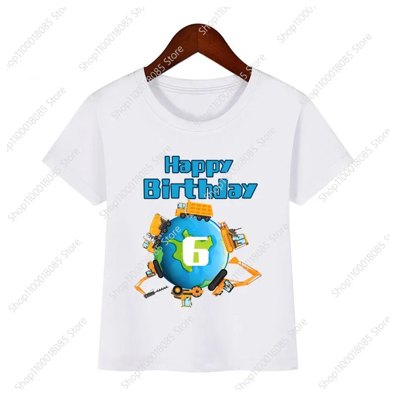 Cute and fashionable bulldozer roller children's birthday digital T-shirt boy and girl cartoon earth excavator printed T-shirt