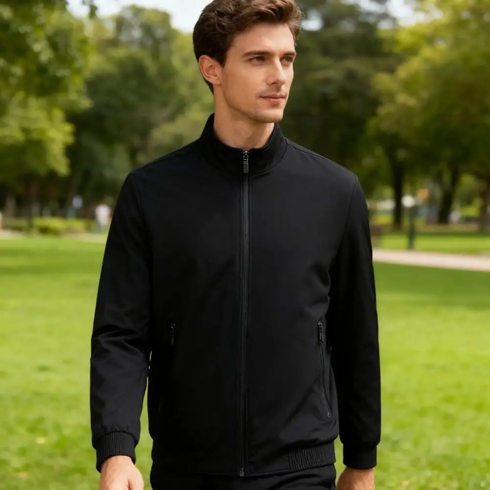 Men Windproof Jacket Men's Stand Collar Jacket Windproof Long Sleeve Outerwear with Zipper Closure Smart Temperament Coat