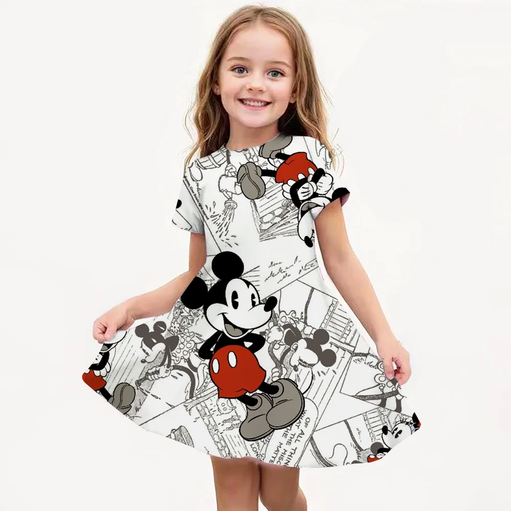

Potdemiel Disney Cartoon Mickey Mouse Printed Dress Girls Summer Fashion One-piece Dress Kids Daily Casual Short Sleeve Clothing