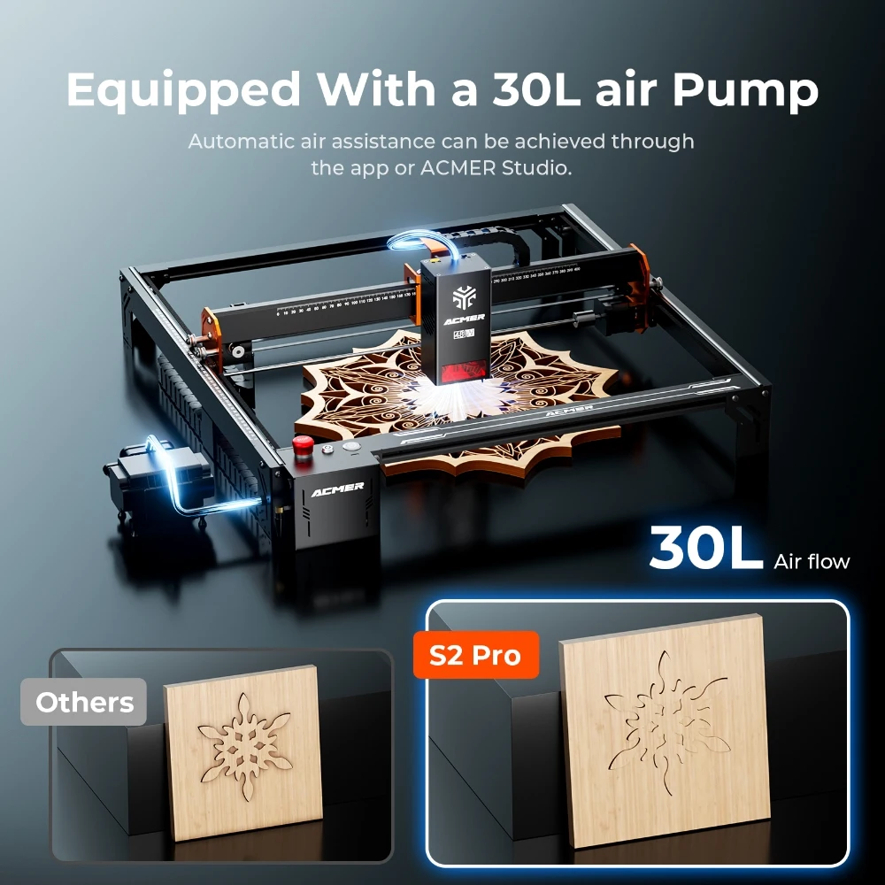 ACMER S2 PRO 48W/36W Laser Engraving Cutting Machine APP Control With 30L/min Air Assist Pump High Power Blue Diode CNC Cutter