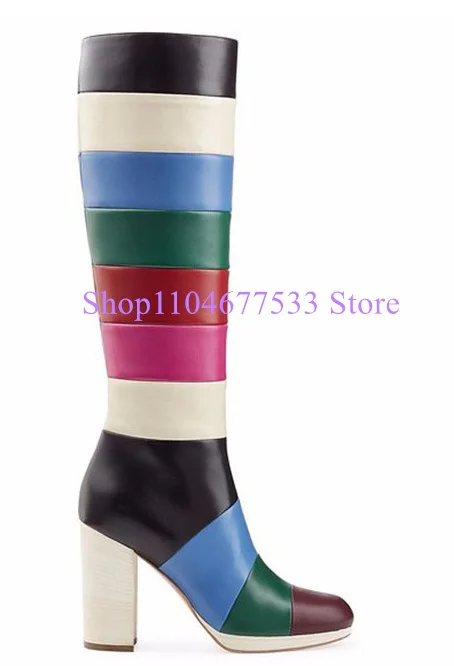 Candy Color Chunky Heel Woman Long Boots Fashion Chunky Heel Mixed Color Lady Knee High Boots Large Size Banquet Party Shoes