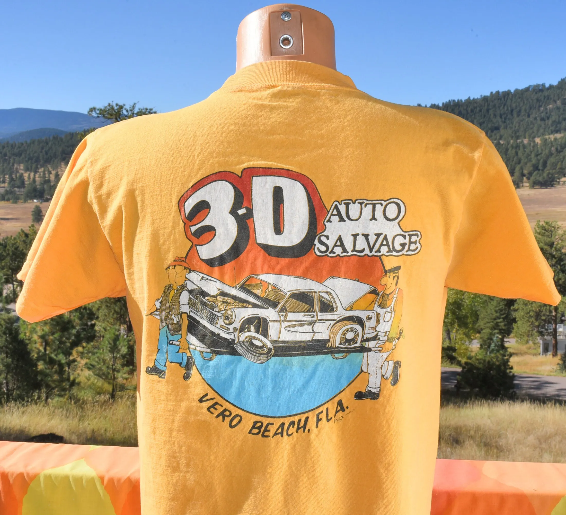 vintage 70s pocket t shirt 3D auto SALVAGE vero beach car tee Large Medium 80s