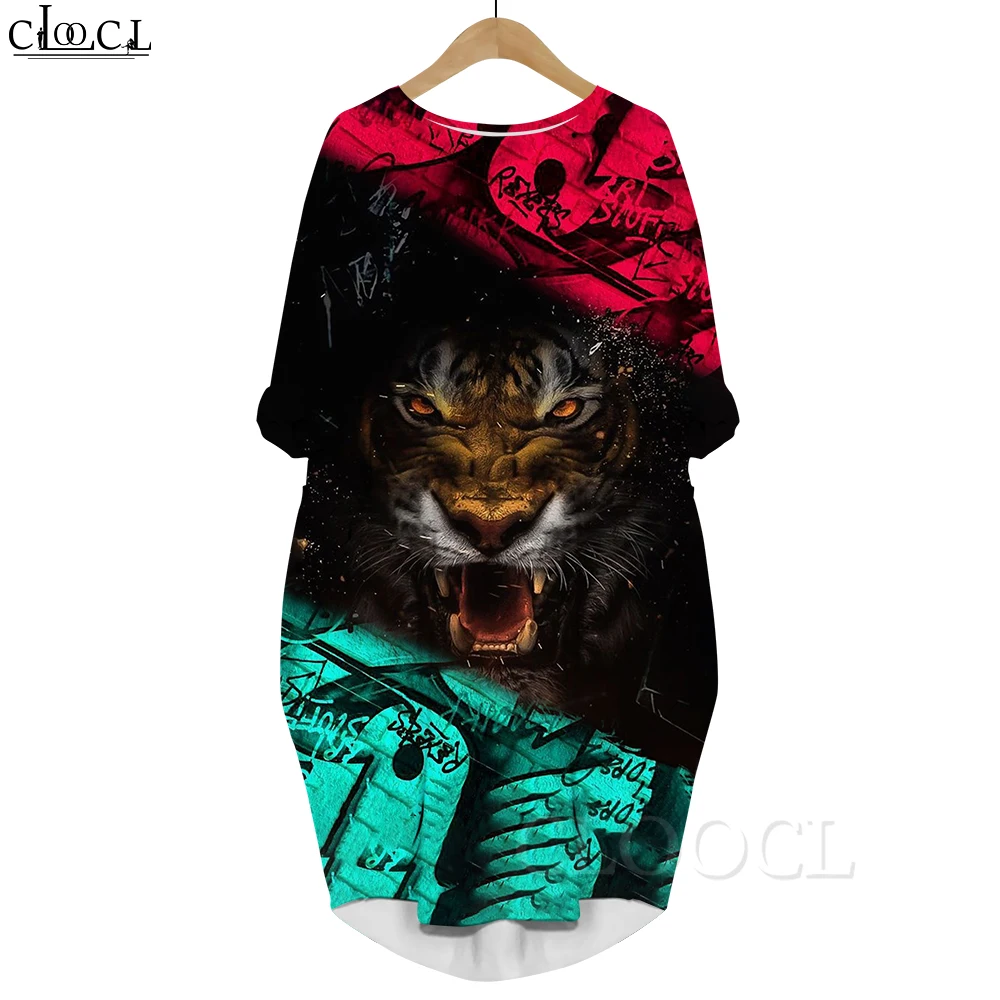 CLOOCL Women's Dress Black Leopard Printing Round Neck Knee-Length Dress with Double Pockets Oversized Female Dresses