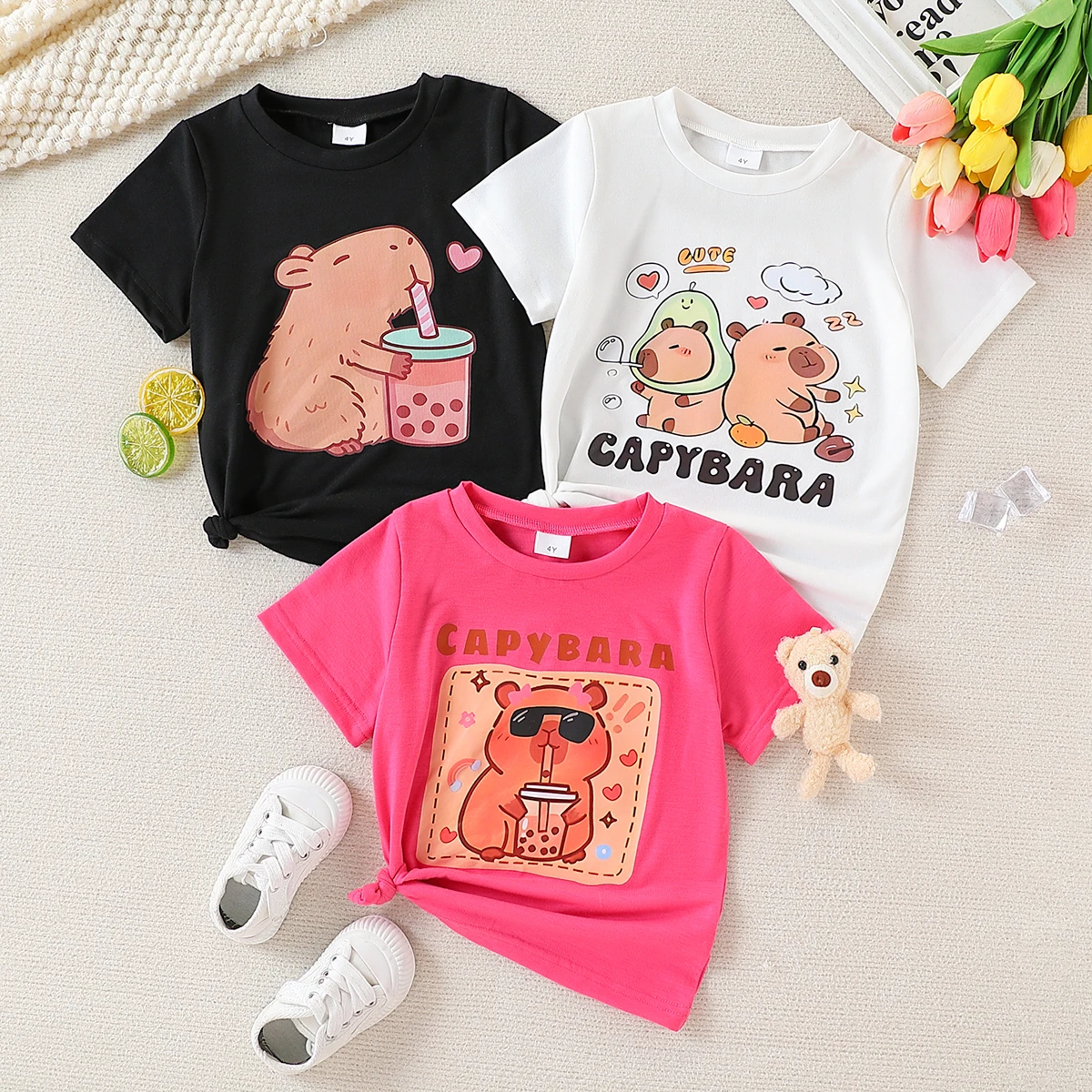 3-Piece combo girls' casual multi color cartoon pattern micro elastic round neck short sleeve top, Summer