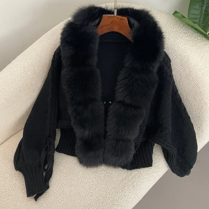 New Knitting Cardigan Placket Coat Casual Real Fox Fur New Fashion Short Warm 2024 Winter Women Knitted Jacket with Natural Fur