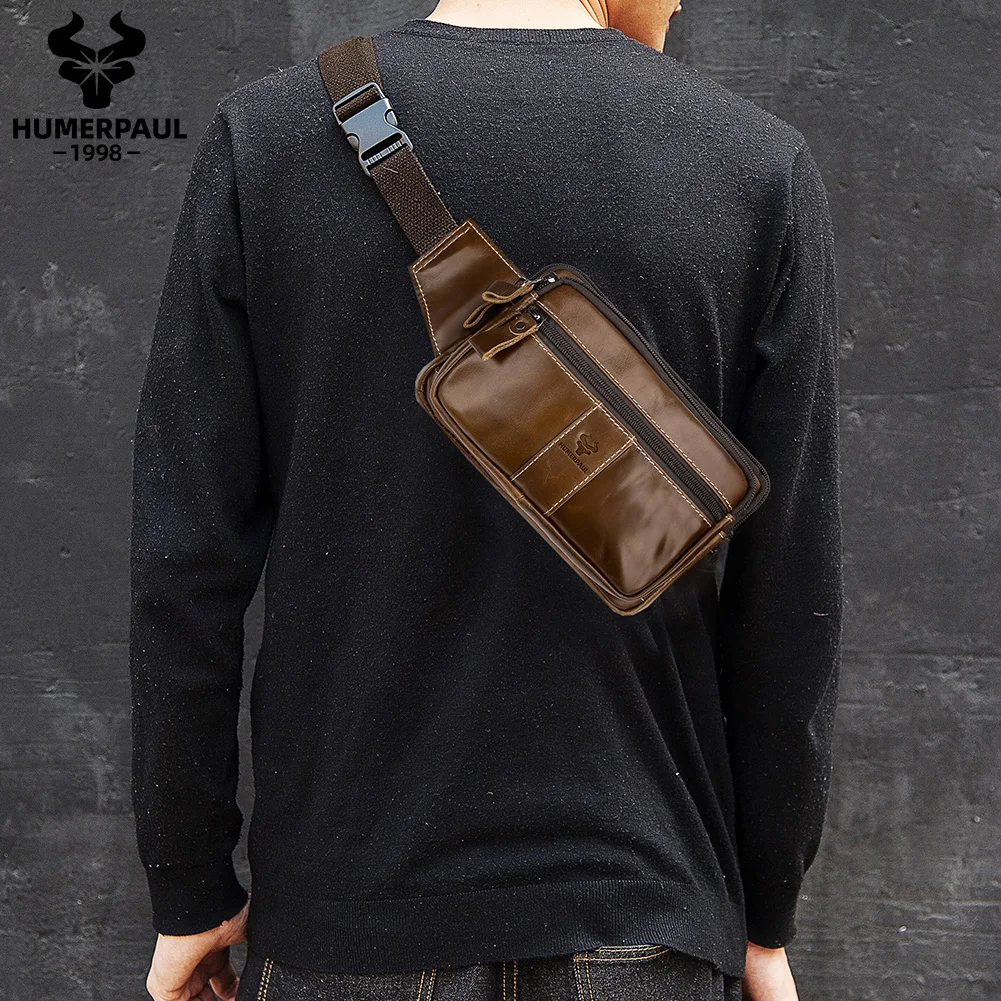 HUMERPAUL Genuine Leather Men\'s Waist Bag Classic Travel Fanny Chest Pack Multifunction Outdoor Storage Mobile Phone Bag