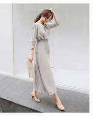 Autumn Long Sleeve Pleated Dress 2022 Women Elegant Midi Dress Office Ladies Vintage Dresses with Belt High Waisted High Quality