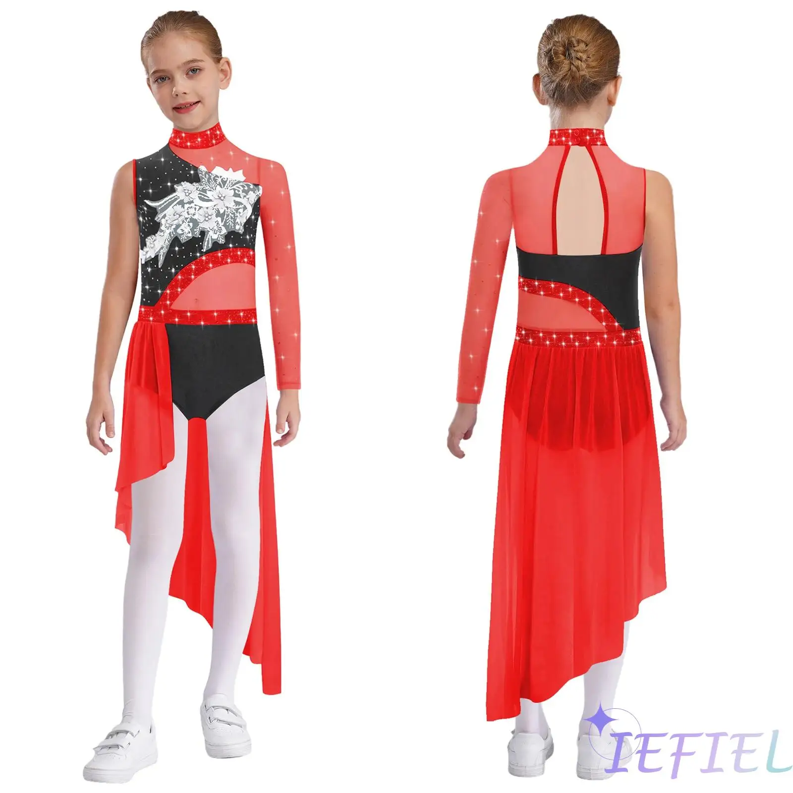 

Girls Lyrical Dance Dress Rhinestone Flower Applique Embellishments Single Sleeve Patchwork Dress with Asymmetric Overlay