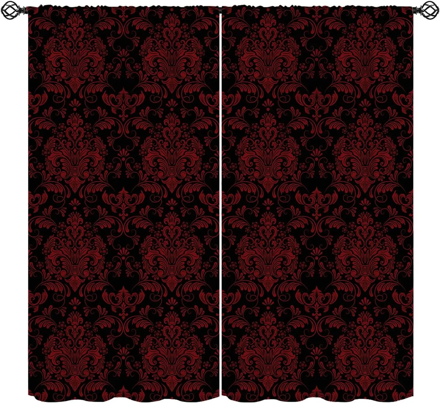 Damast-Vorhang, Rotes Antikes Barock-Blumenmuster Gotischer Viktorianischer Fenstervorhang für Schlafzimmer Wohnzimmer