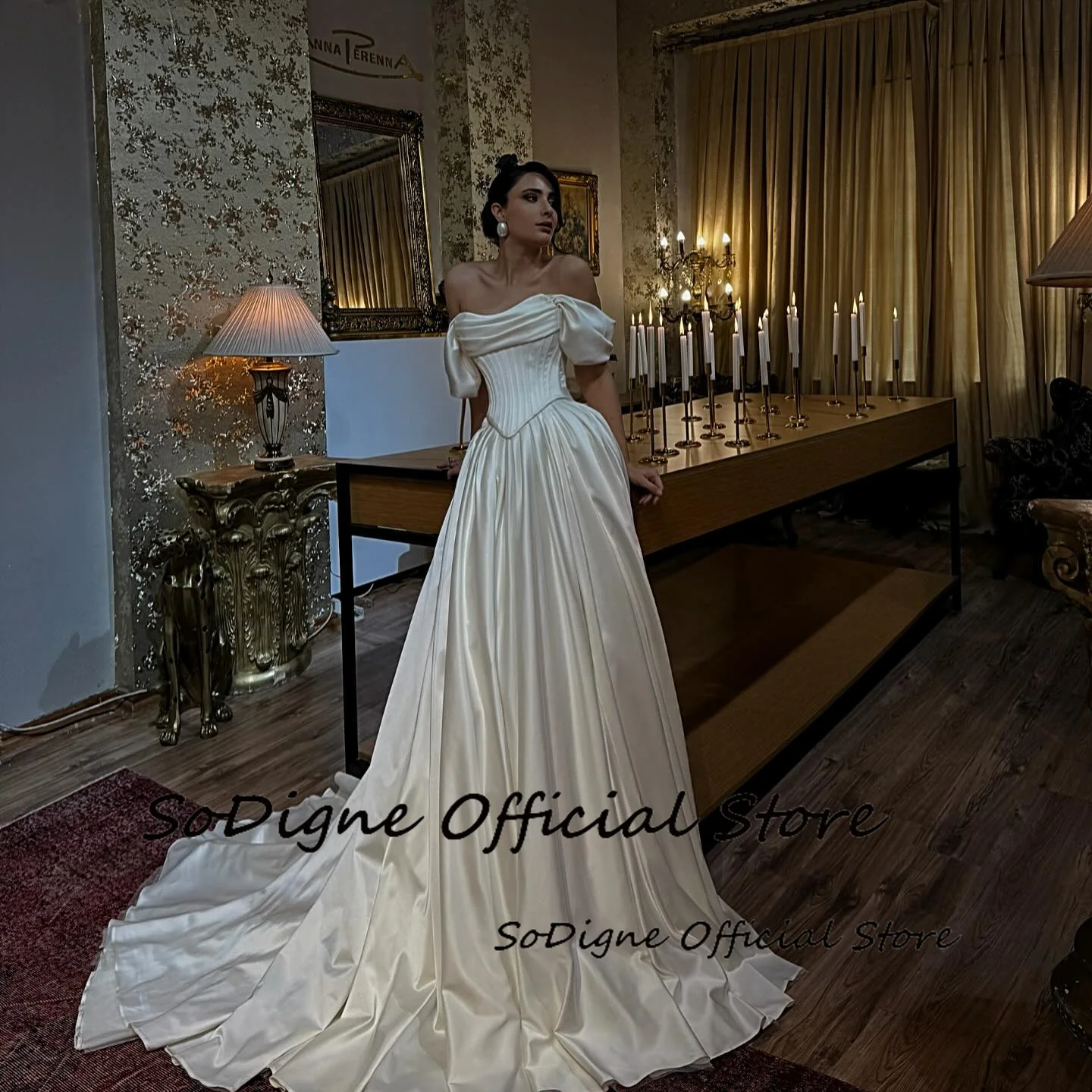 SoDigne فستان زفاف بسيط من الساتان على شكل حرف a بدون أكتاف فساتين عروس طويلة أنيقة زي العرائس رداء De Mairee مخصص #2