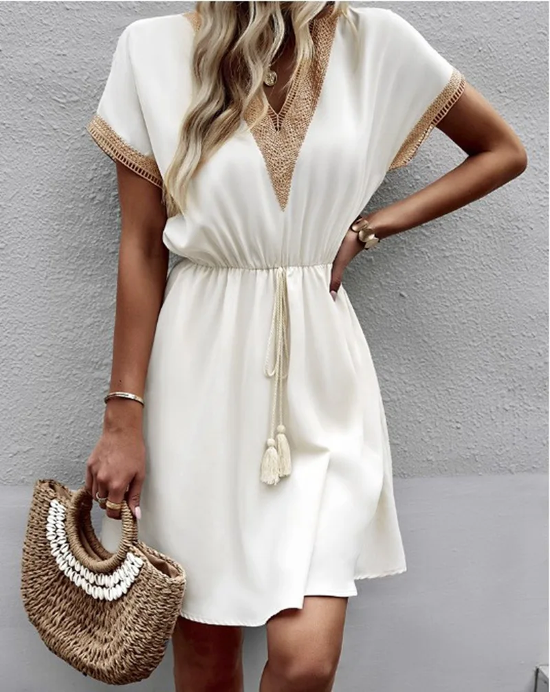 2024 Fashion Deep V Neck Mini Dress All Match Pleated Hem Women Short Sleeve Casual Ruffle A-line Tunic Dress Streetwear