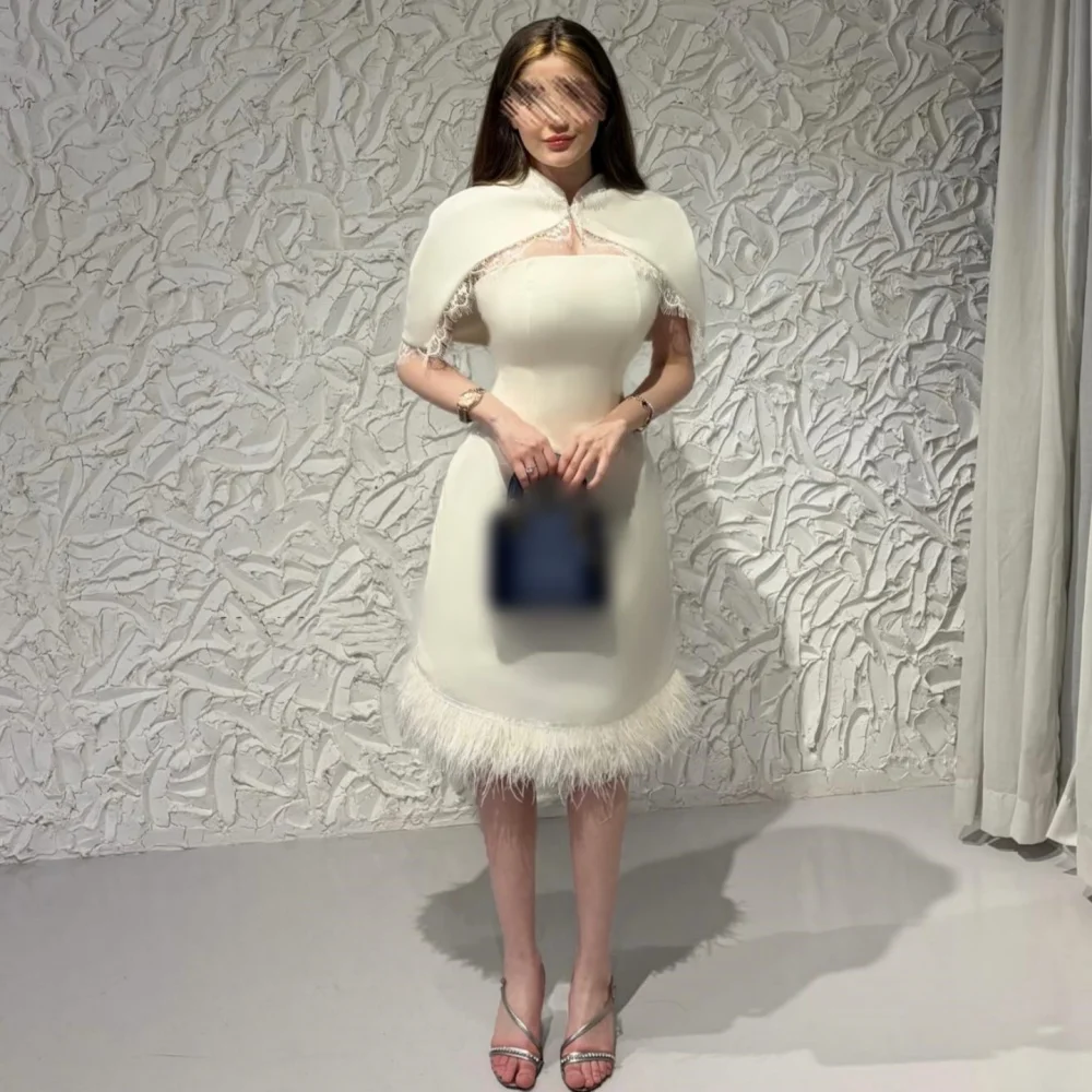 

Customized Ladies Grace High Collar Shawl Evening Dress Feather A-line Midi Dresses Elegant Party Wedding Formal