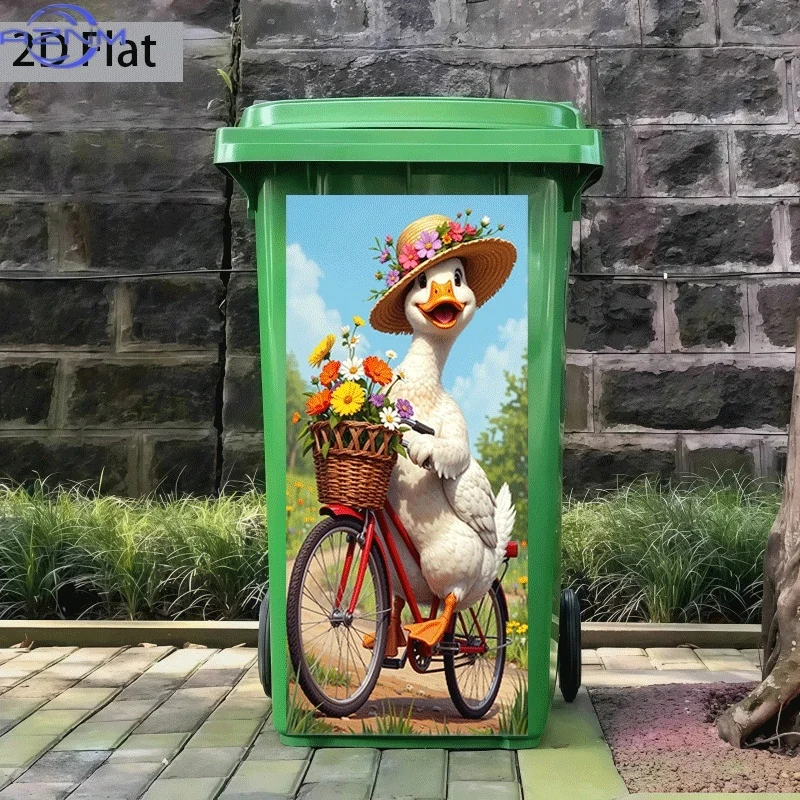 of Trash Can Sticker,  Featuring a Floral Duck Riding a Bicycle Theme Design, Self-Adhesive Wall Decoration Wallpaper for Kitc