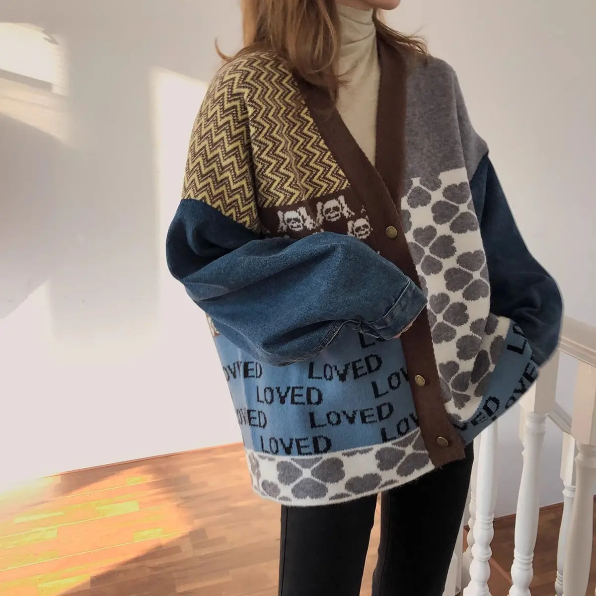 

2025 autumn and winter gugamei retro denim splicing sweater jacket women's cardigan Korean version loose knitted top