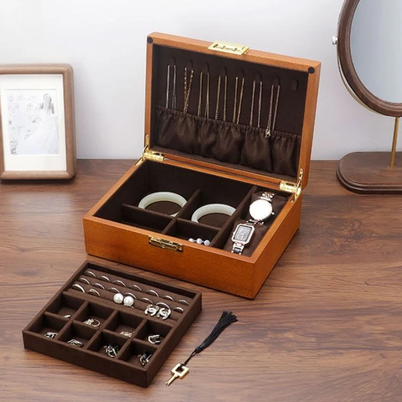 Solid Wood Jewelry Storage Box Lockable Jewelry Organizer Case Vintage Necklace Ring Boxes Large Woman Earrings Bracelet Cases