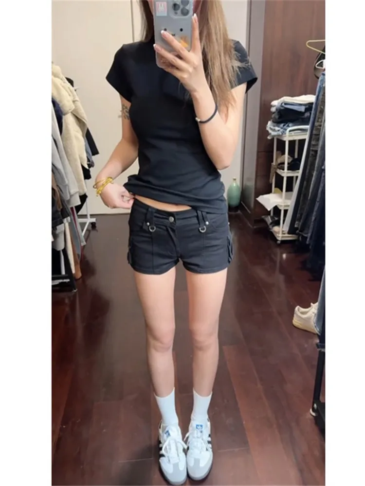 

Retro American Black Denim Shorts Women's Summer Slimming Tight Low Waist Hot Pants Sexy Girls Short Jeans Pants