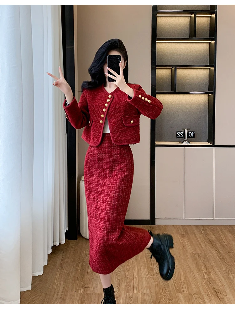 Fall Winter Christmas Small Fragrant Tweed 2 Piece Sets Women Outfit High Quality Sweet Jacket Coat & Long Skirt Two Piece Suits