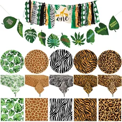 1Set Woodland Animal Leopard Tiger Print Plate tovaglioli tovaglioli Forest Banner Jungle Safari Wild One Birthday Party Decoration