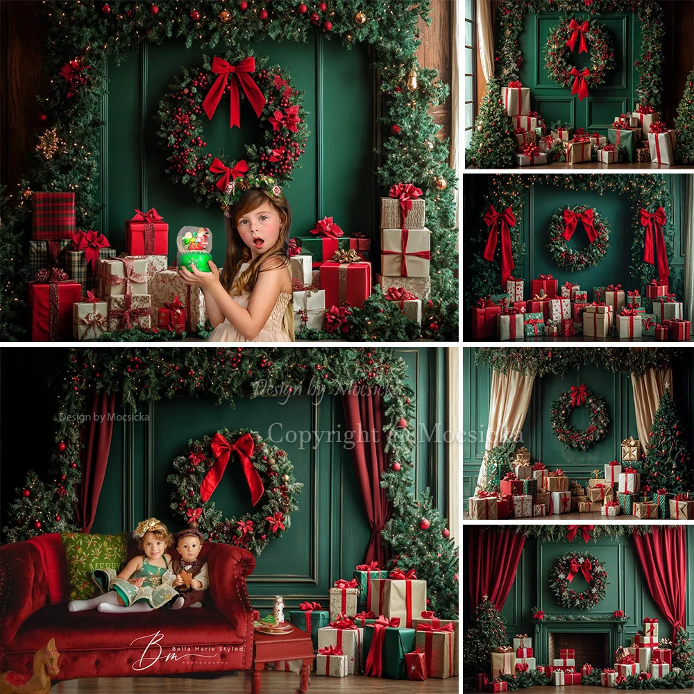 

Mocsicka Christmas Home Photography Background Vintage Green Gift Wall Xmas Tree Wreath Backdrop Winter Kid Family Photo Studio