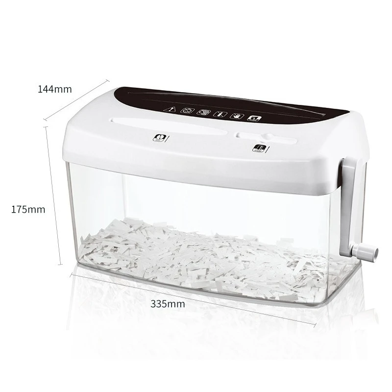 Small hand-cranked manual paper shredder, capable of shredding credit cards, CDs and A4 paper