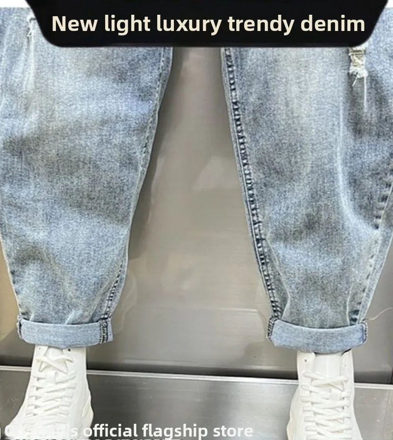 Luxury Man Clothing Washed Polished White Summer Loose Straight Jeans Men's Retro Thin Casual Pants Ripped Drawstring Dad Pants view 5