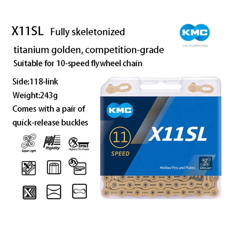 

KMC X-series X9SL\X10SL\X11SL Ultra-Durable Fully Hollow Chain Race-grade Bicycle Chain High Rigidity Silvery\Titanium-golden