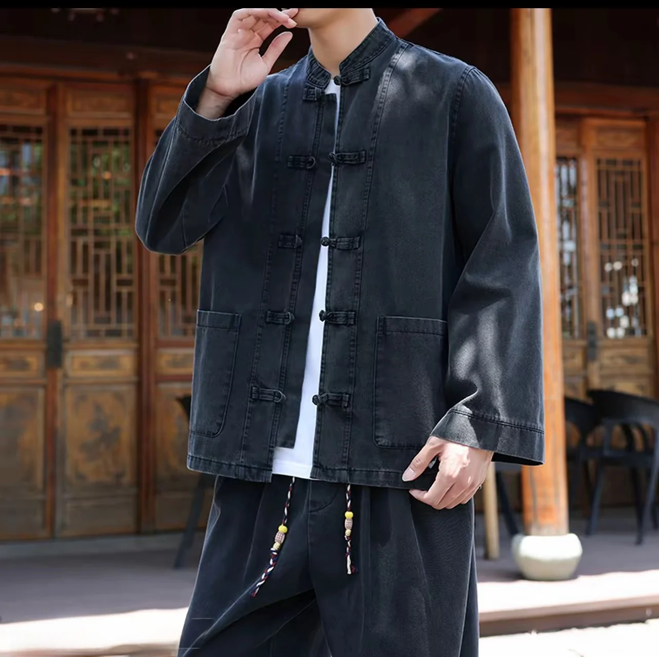 メンズ唐スーツジーンズジャケット長袖レトロ服漢服中山スーツカジュアル夏ユースピュアカラー男性アンサンブル