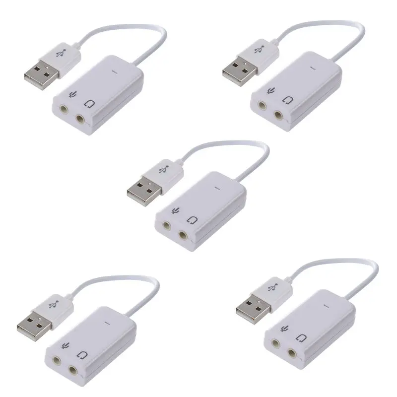 X64A-5 Pcs 3.5Mm Microphone Earphone Socket USB 2.0 Sound Card Speaker Audio Adapter White