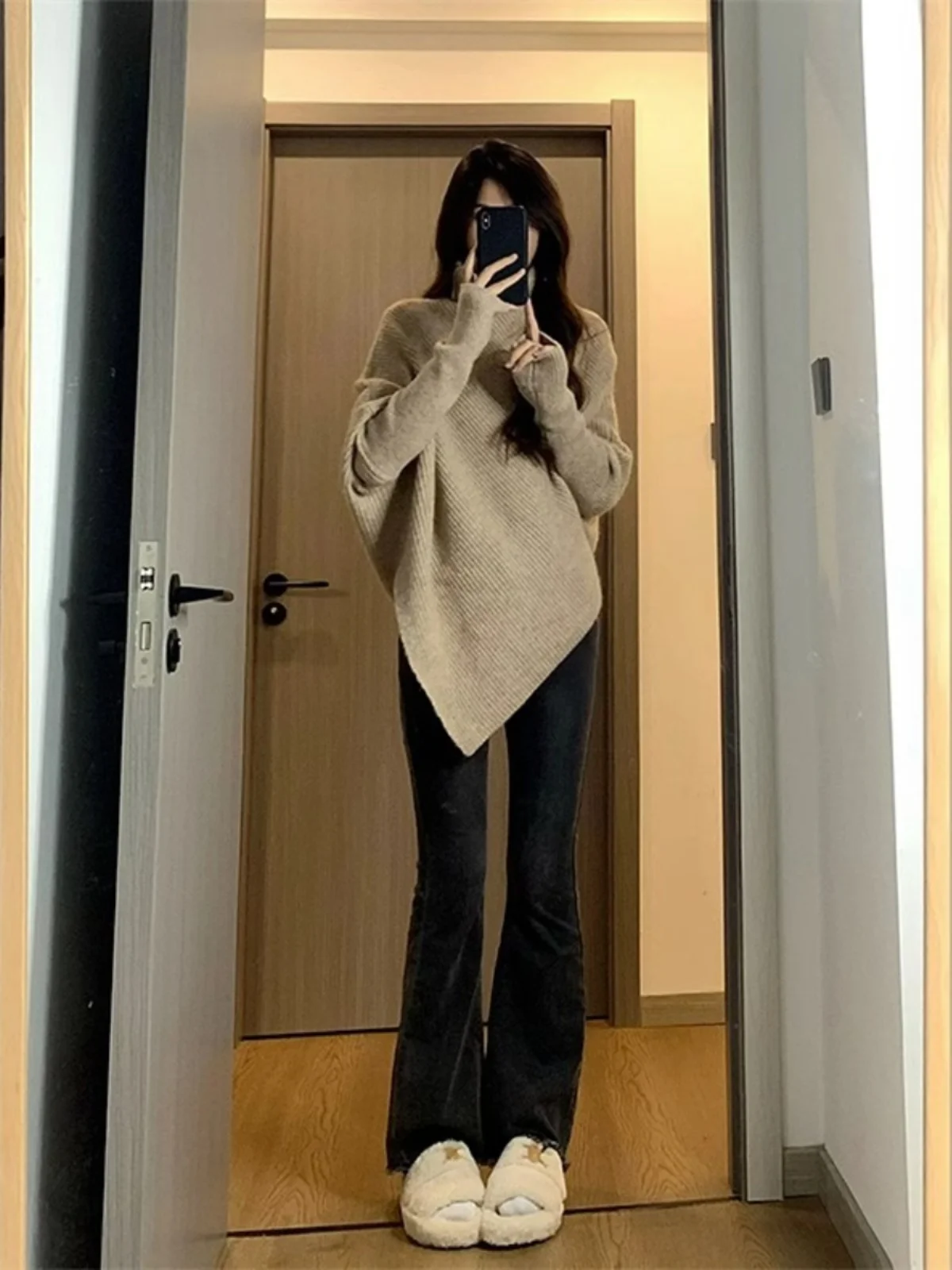 High Collar Knitted Sweater Women's Autumn Winter Slimming Soft Cozy Irregular Korean Style Lazy Fashion Warmth Heating Pure ...