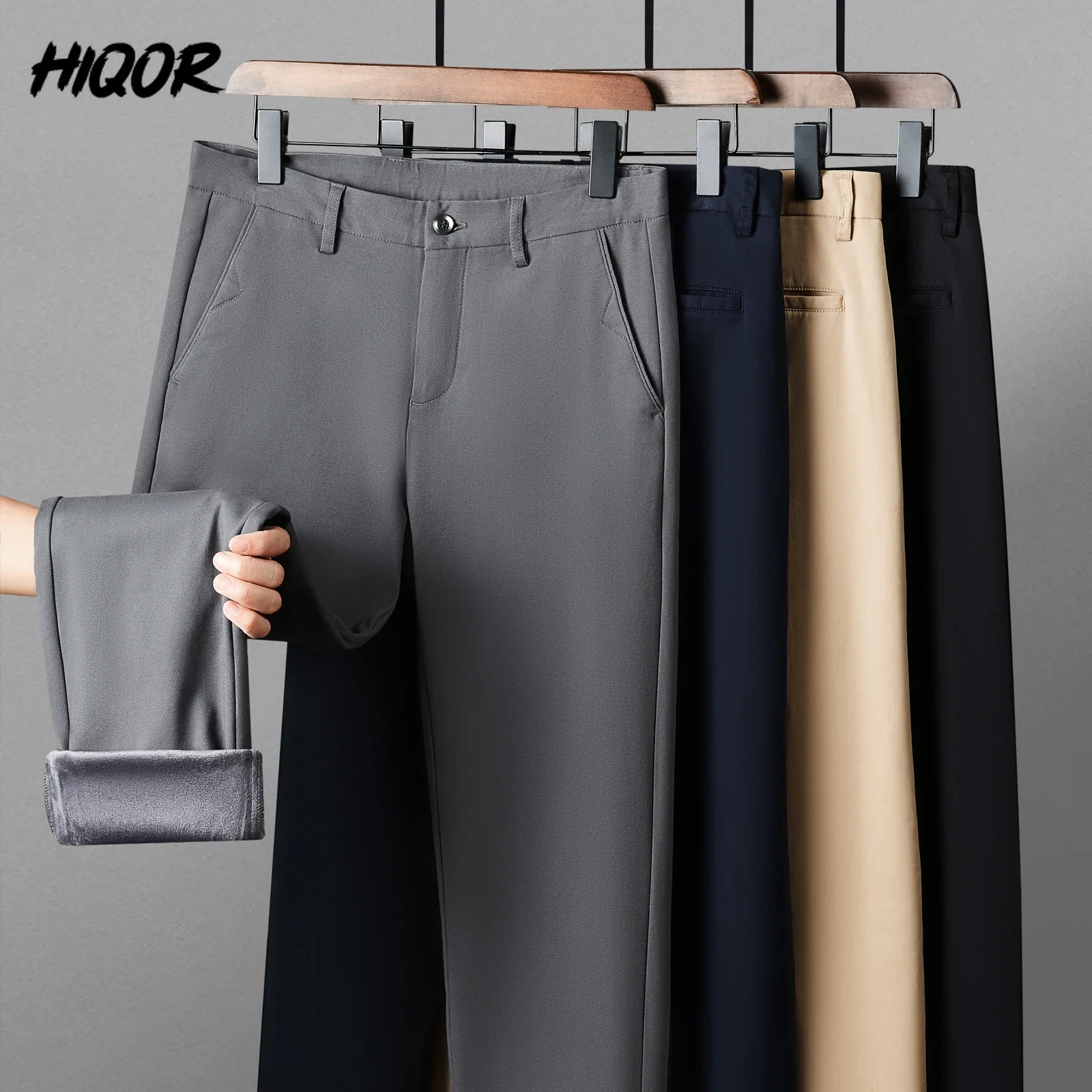 HIQOR Autumn Winter Men's Business Casual Pants Male Fleece Thick Formal Pants Cotton Warm Trousers For Men Office Baggy Pants