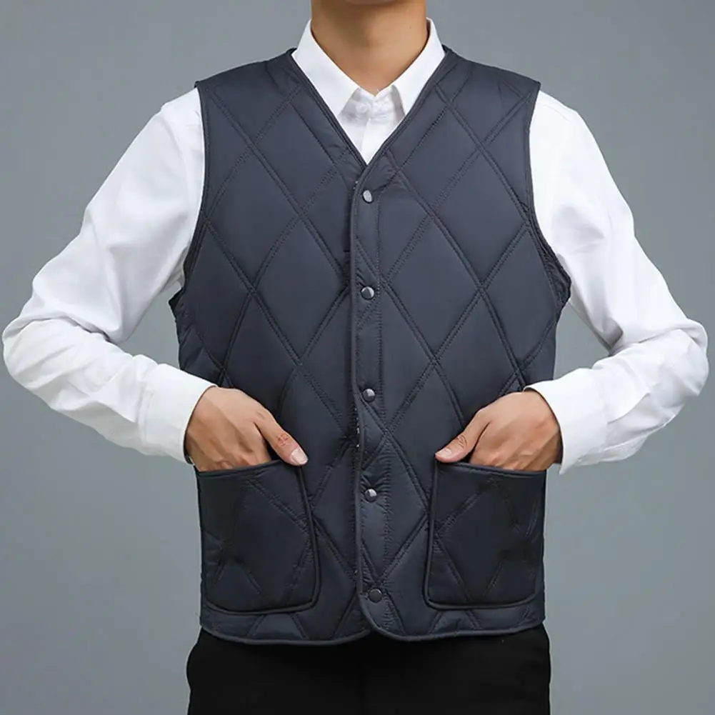 Velvet Vest with Pockets Stylish Men's Velvet Quilted Waistcoat with Plush Lining V-neck Single-breasted Winter Vest for Cold