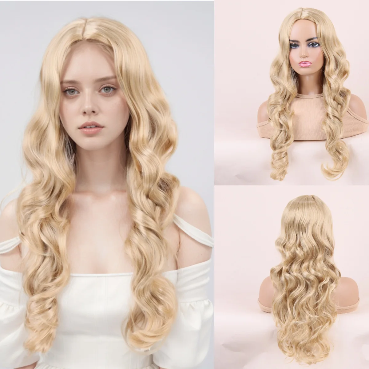 

women's synthetic middle-part large wave long curly hair with gradient light golden brown tone, natural fluffy style daily wear
