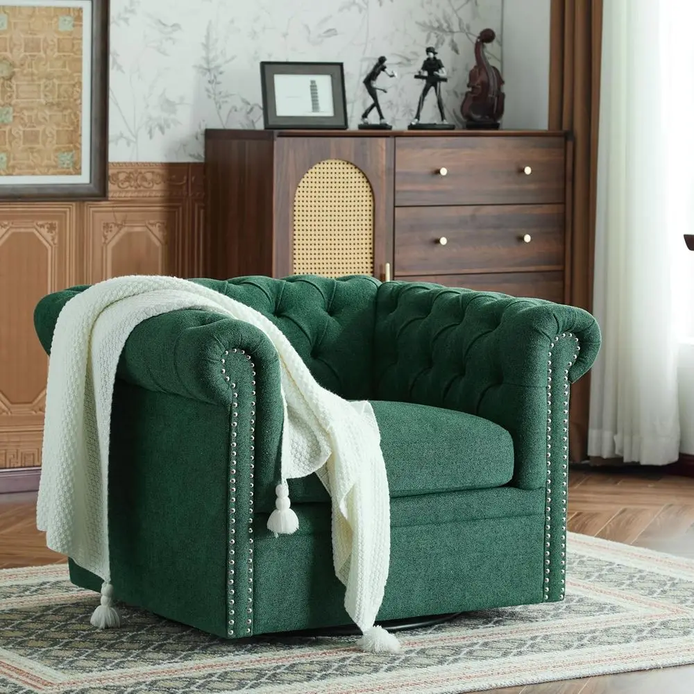 

Upholstered Club Chair with Button-Tufted 360° Swivel, Scrolled Arm, Living Room Sofa, No Assembly, Green
