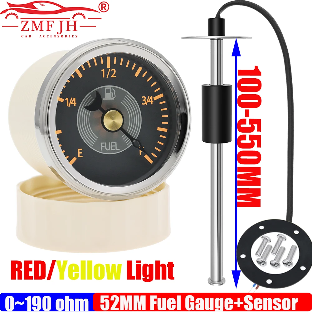 ZMFJH Retro Vintage 52MM Fuel Level Gauge with Red Yellow 0-190ohm Auto Car Oil Tank Level Sensor 100-550MM for Boat Yacht 9-32V