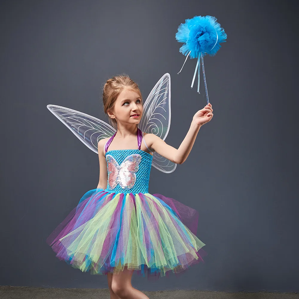 Halloween Blue Butterfly Accent Tulle Tutu Dress Layered Voluminous Mesh Gown Frilly Flowy Princess Tutu Outfit Decorative Skirt