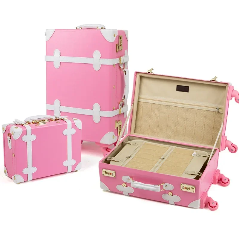 20/24/26 Inch Rolling Luggage Set Women Suitcase on Wheels PU Leather Pink Fashion Retro Trolley Cabin Suitcase with Wheel Girls