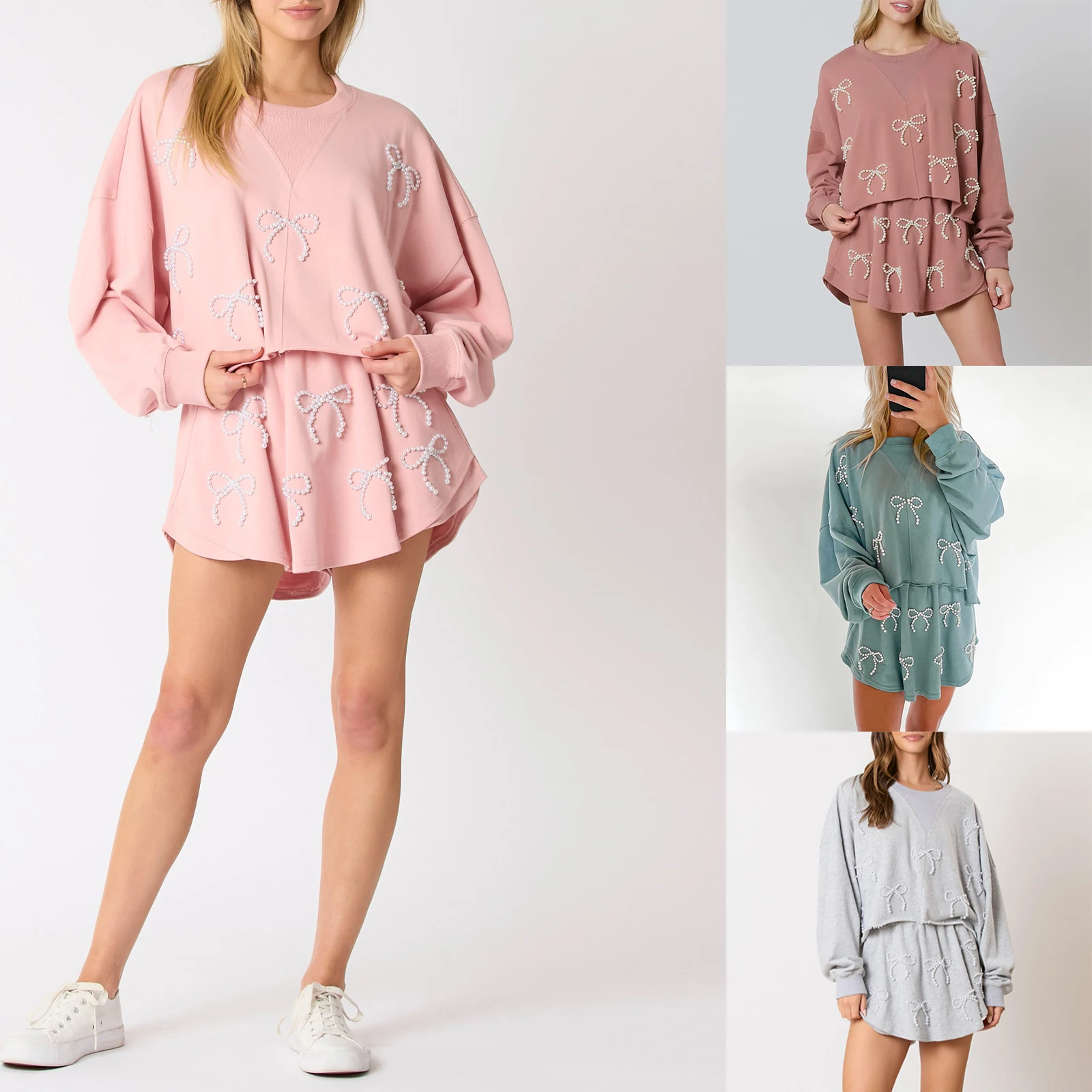 Lässige 2-teilige Outfits für Damen, langärmeliges Sweatshirt mit Perlenschleife und Shorts, Streetwear