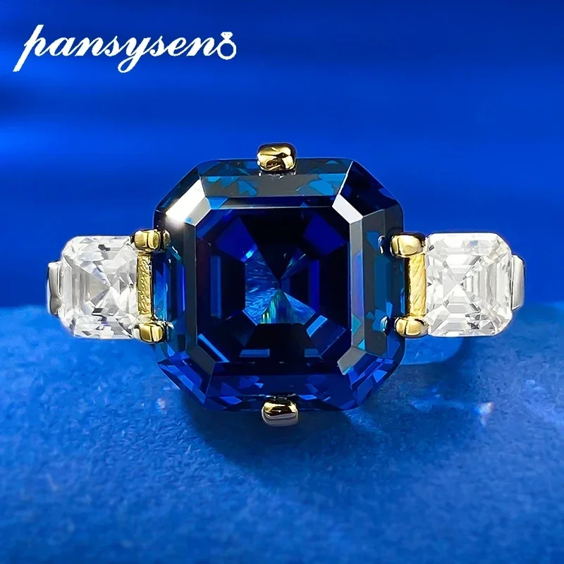 

PANSYSEN Vintage 925 Sterling Silver 12MM Asscher Cut Royal Blue Sapphire Ring 18K White Gold Plated Party Fine Jewelry Gifts