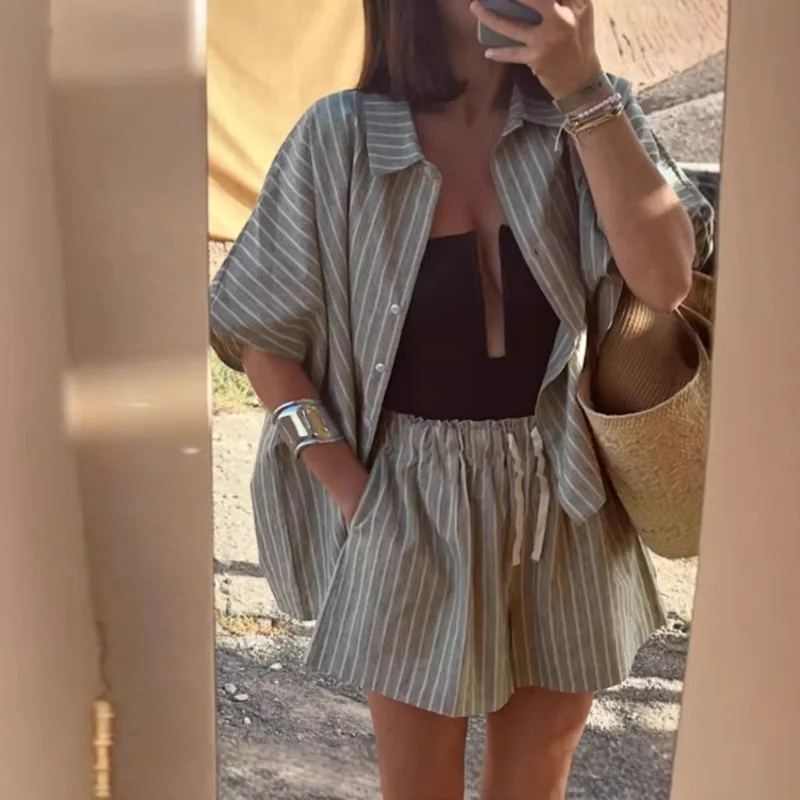

2026 Summer Casual Striped Lace Up Women Shorts Suits Lapel Half Sleeve Single Breasted Shirt Wide Leg Shorts New Chic Lady Sets