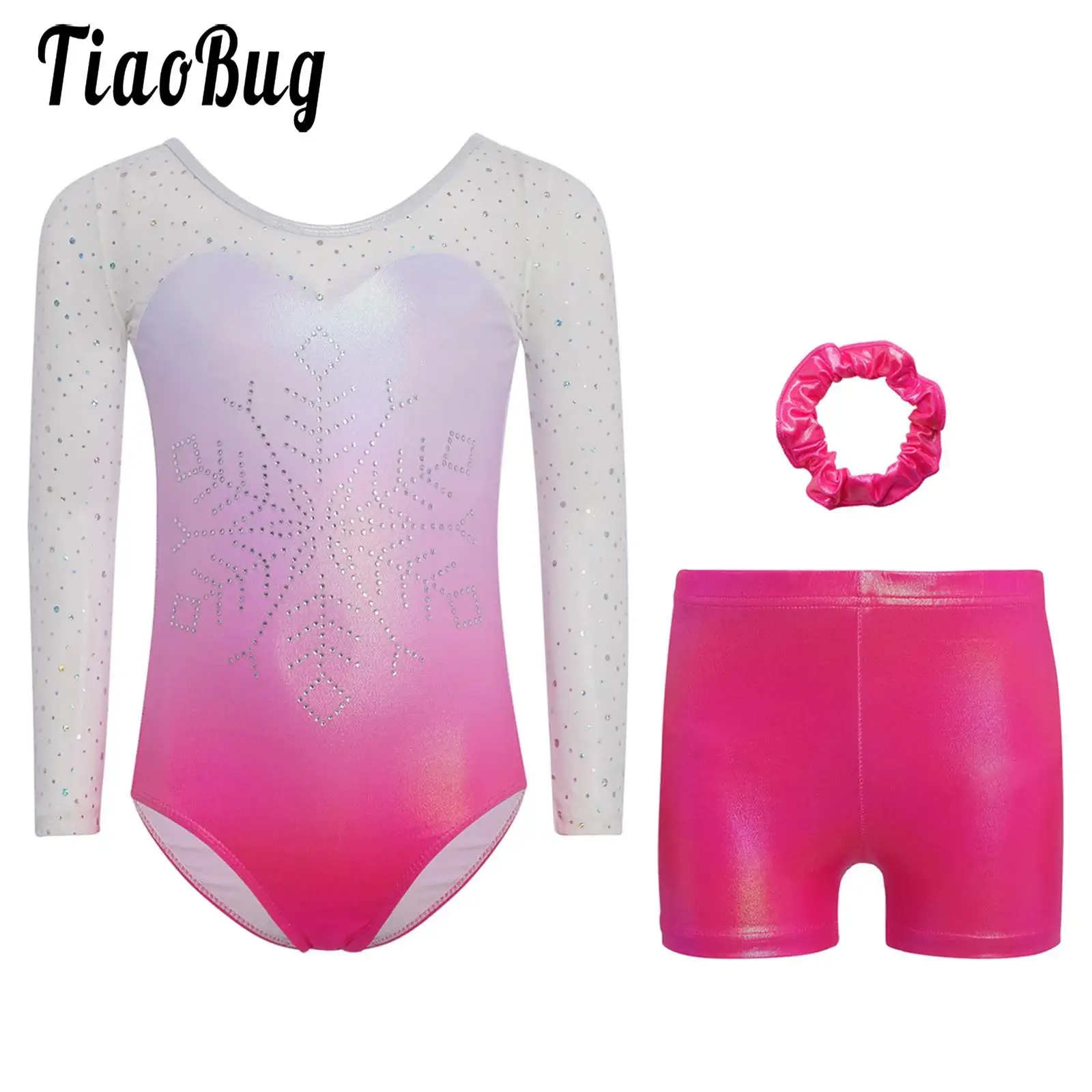 

Kids Girls Rhinestones Gymnastics Ballet Dance Outfits Sheer Mesh Patchwork Long Sleeves Leotard with Metallic Shorts Headwear