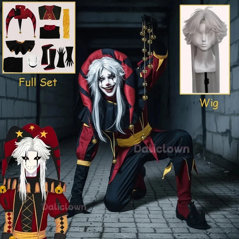 Costume de Clown Pierrot de Cirque The Freak, Ensemble Complet avec Perruque et Masque, Tenue de Cosplay pour Fête d'Halloween, Carnaval, pour Filles, Femmes, Hommes Xio