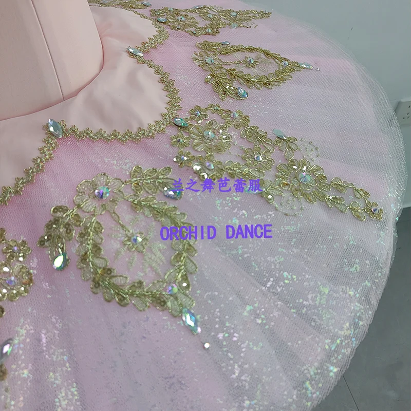 Women nude pink V-neck spaghetti strap corset professional tutu ballet costume gilded feather rhinestone embroidery light pink g view 5