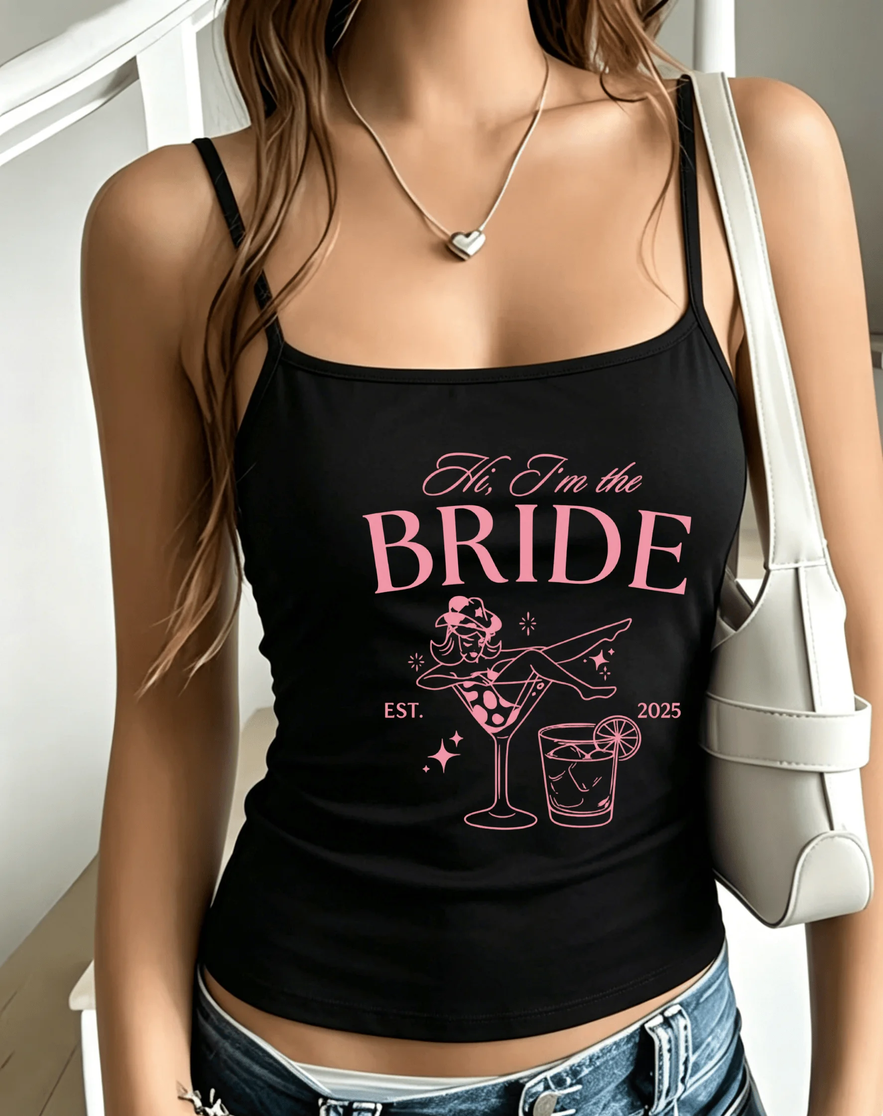 Pink Line Art Bride Martini Cocktail Graphic Women Camisole Sleeveless Bachelorette Vacation Spring Summer Daily Casual Top