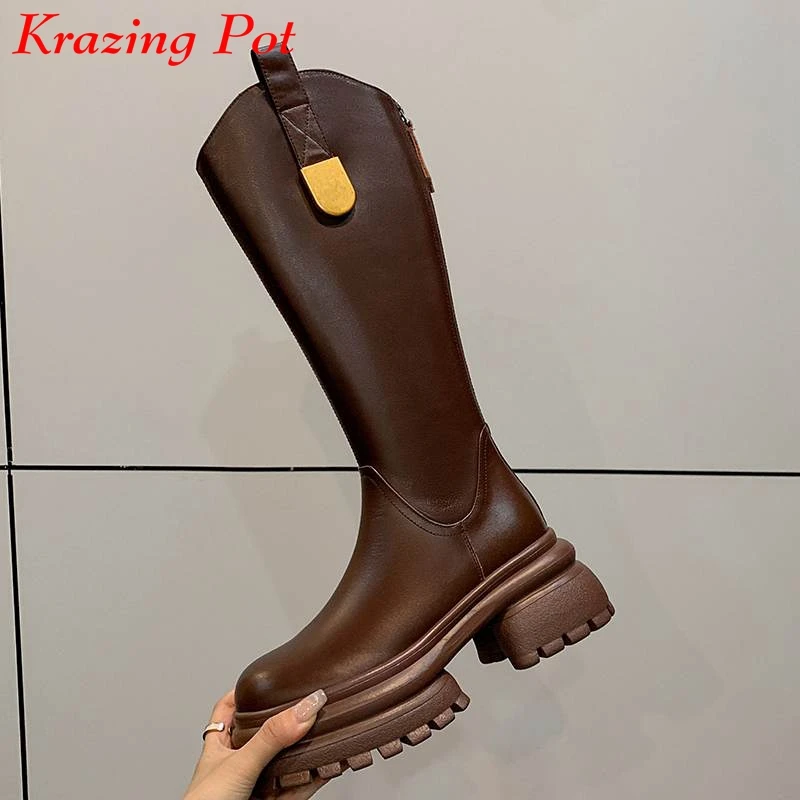 

Krazing Pot Full Grain Leather Round Toe Thick High Heels Western Boots Winter Punk Metal Fasteners Keep Warm Thigh High Boots